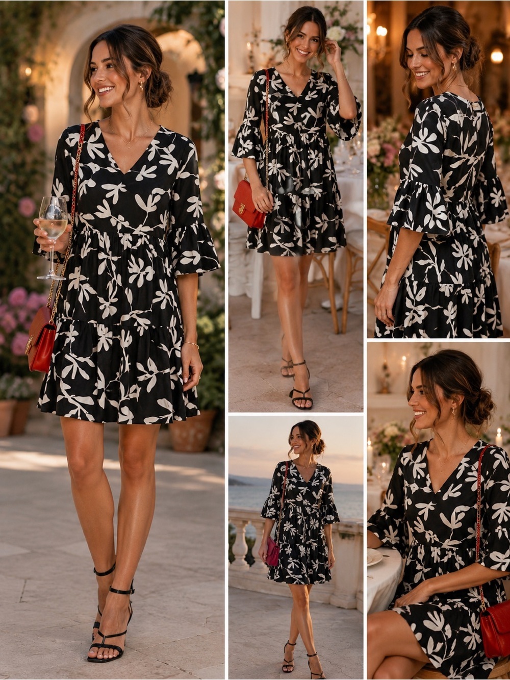 Charlie Paige Black & White Floral Tiered Babydoll Dress Size Small 100% Cotton